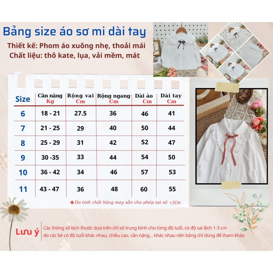 Áo sơ mi trắng dài tay học sinh tiểu học size 6 -10-