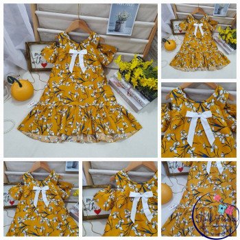 Váy tay trễ hoa nơ ngực  xuân hè bé gái size 7-10 Váy tay trễ hoa nơ ngực  xuân hè bé gái size 7-10