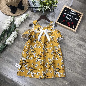 Váy tay trễ hoa nơ ngực  xuân hè bé gái- V20224 Váy tay trễ hoa nơ ngực  xuân hè bé gái- V20224