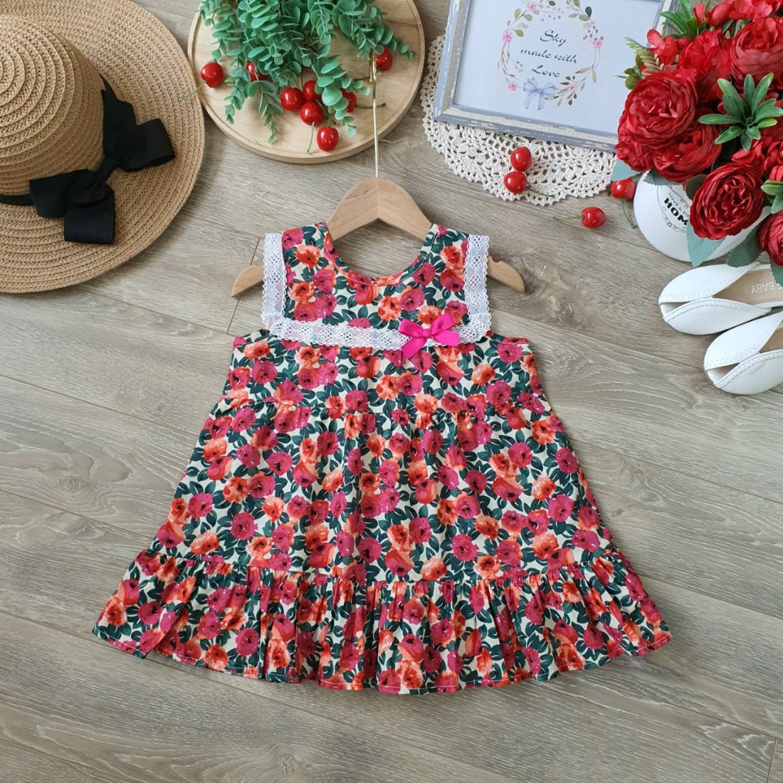 Váy bé gái cổ ren hoa nhí đuôi cá 2 tầng size 2-6-