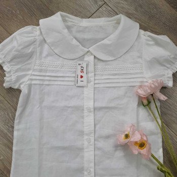 Áo sơ mi trắng cộc tay nơ ren size đại 11 - 14