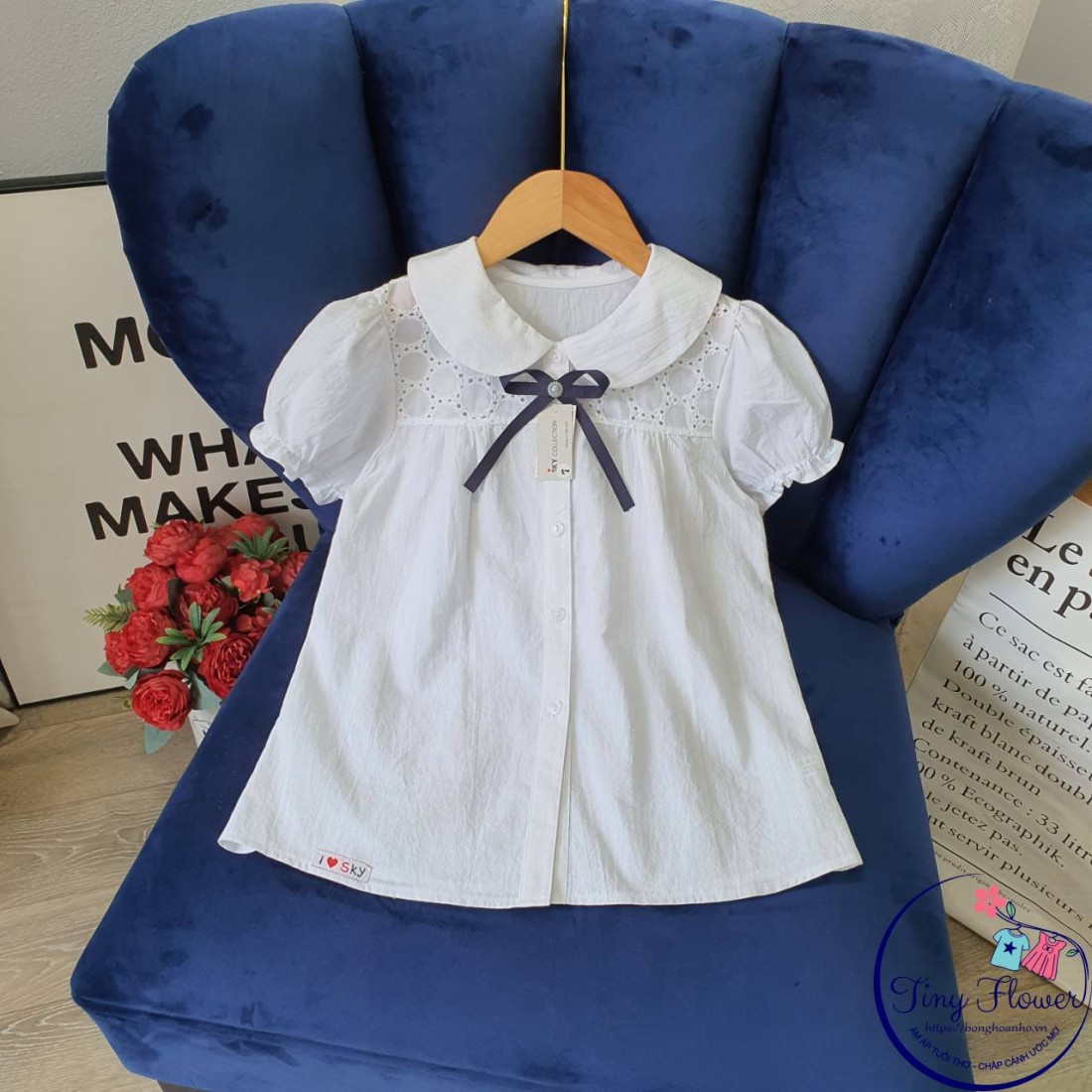 Áo sơ mi ren ngực nơ cài - chất thô cotton - size 6-10 - A8225-ÁO SƠ MI CỘC TAY BÉ GÁI