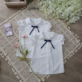 Áo sơ mi trắng học sinh cổ bèo nơ cài size 7-11 Áo sơ mi trắng học sinh cổ bèo nơ cài size 7-11